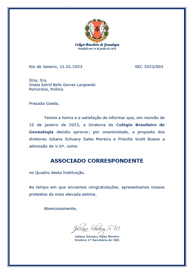 Associada ao Colégio Brasileiro de Genealogia