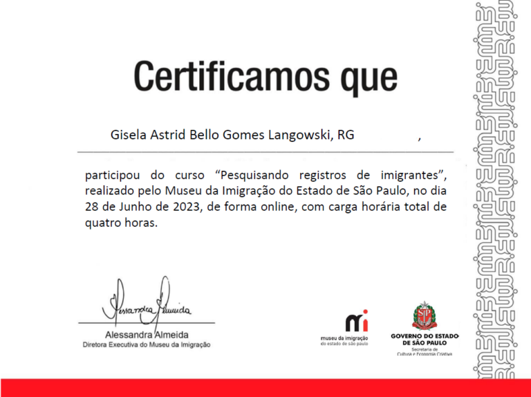 Certificado de Curso de Pesquisando Registros de Imigrantes do Museu de Imigração de São Paulo