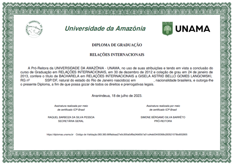 Diploma de Bacharelado em Relações Internacionais