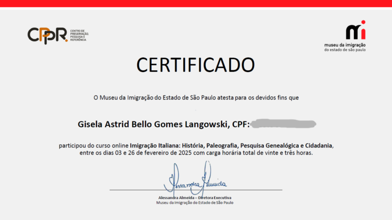 Certificado de Curso de Imigração Italiana do Museu de Imigração de São Paulo